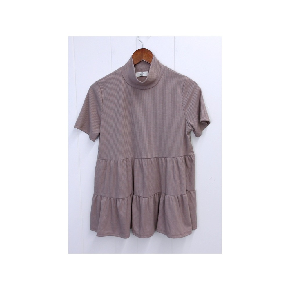 Entro Womens Brown Ribbed Knit Tiered Babydoll Short Sleeve Tunic Top M /#1082‎